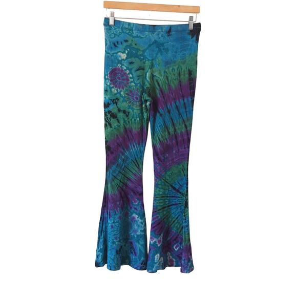 Tucan Tango Womens Leggings Tie Dye Blue Purple Bell Bottom Flare High Rise M OS - Picture 2 of 7